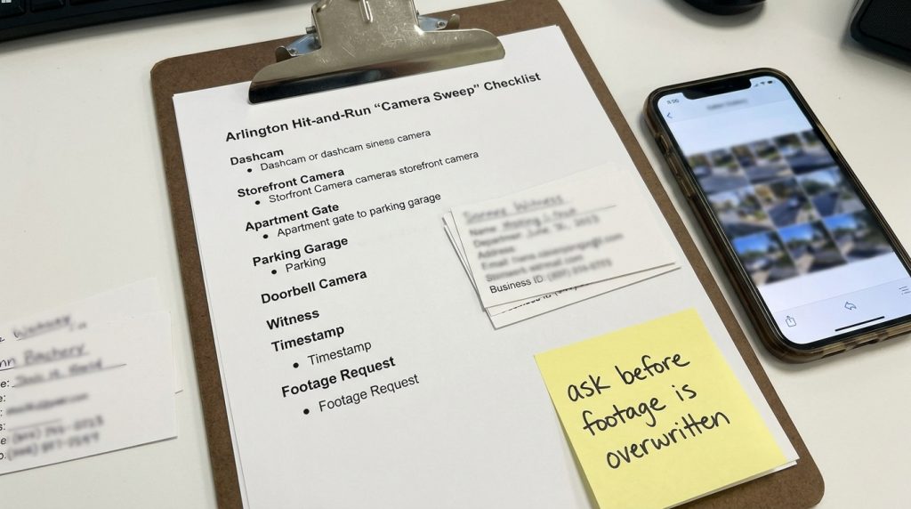 Arlington hit and run camera sweep checklist with witness cards timestamp notes and footage request reminders