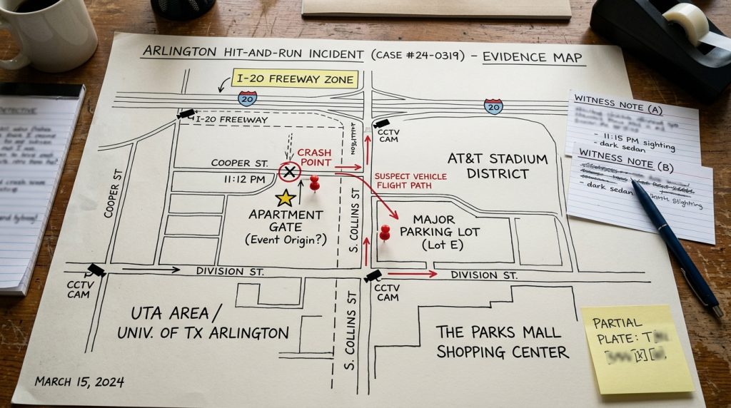 Arlington hit and run evidence map with freeway stadium UTA shopping center and parking lot camera notes